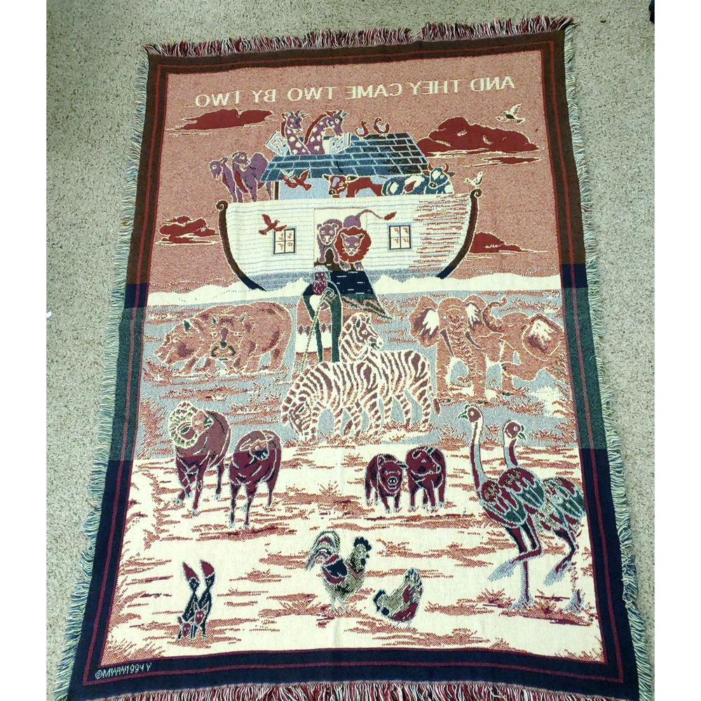 Vintage Noahs Ark Tapestry Woven Throw Blanket-Wall Hanging-70x48-1994 Animals - Picture 9 of 16